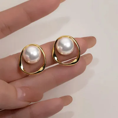 Geometric Pearl Hollow Stud Earrings